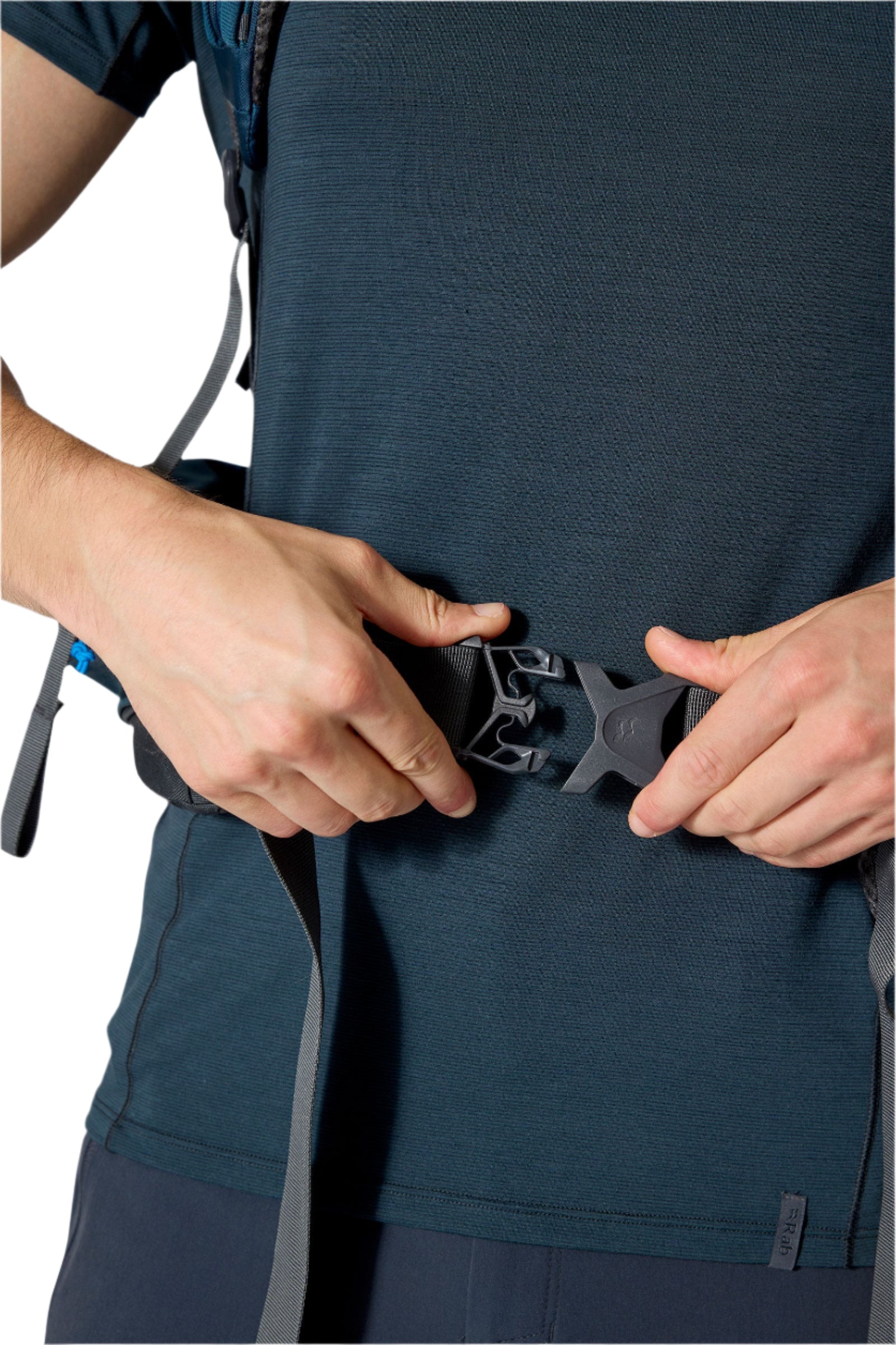 Rab Exion 65L Hiking Pack in Tempest Blue - Hipbelt Buckle Detail