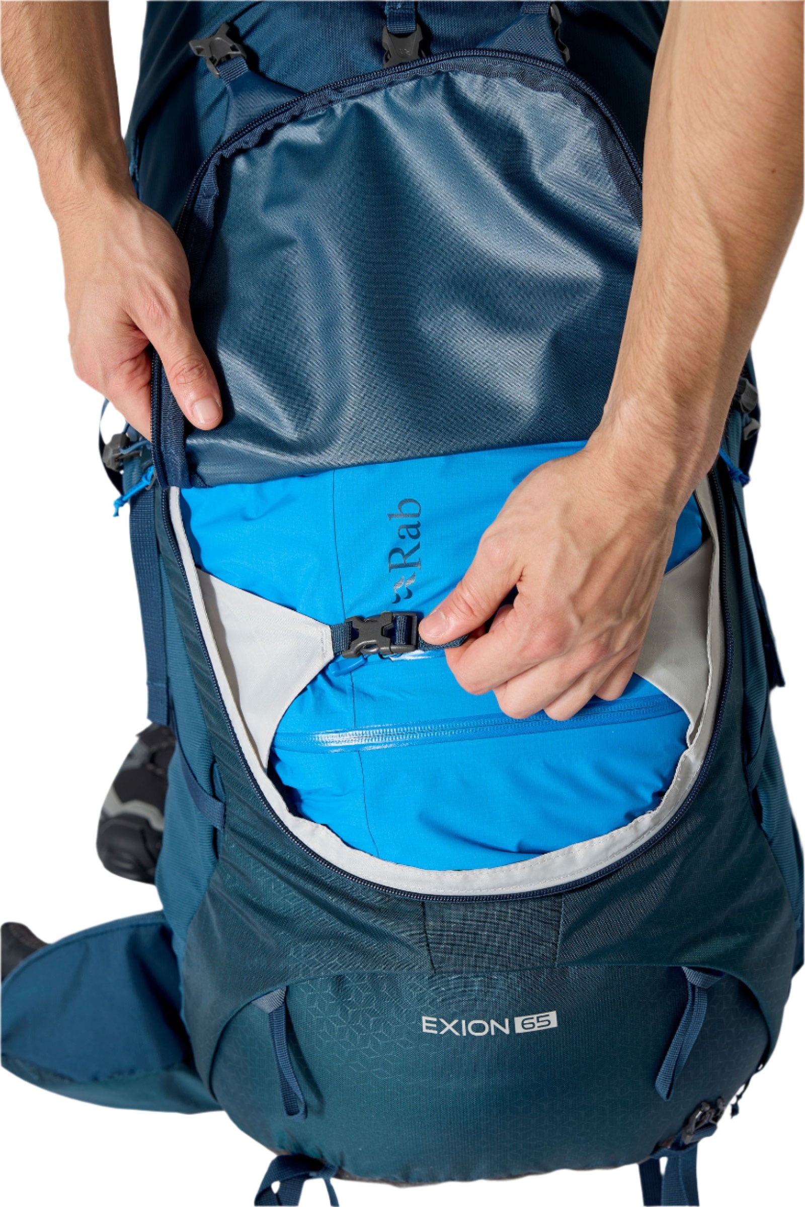 Rab Exion 65L Hiking Pack in Tempest Blue - Lid Pocket Open