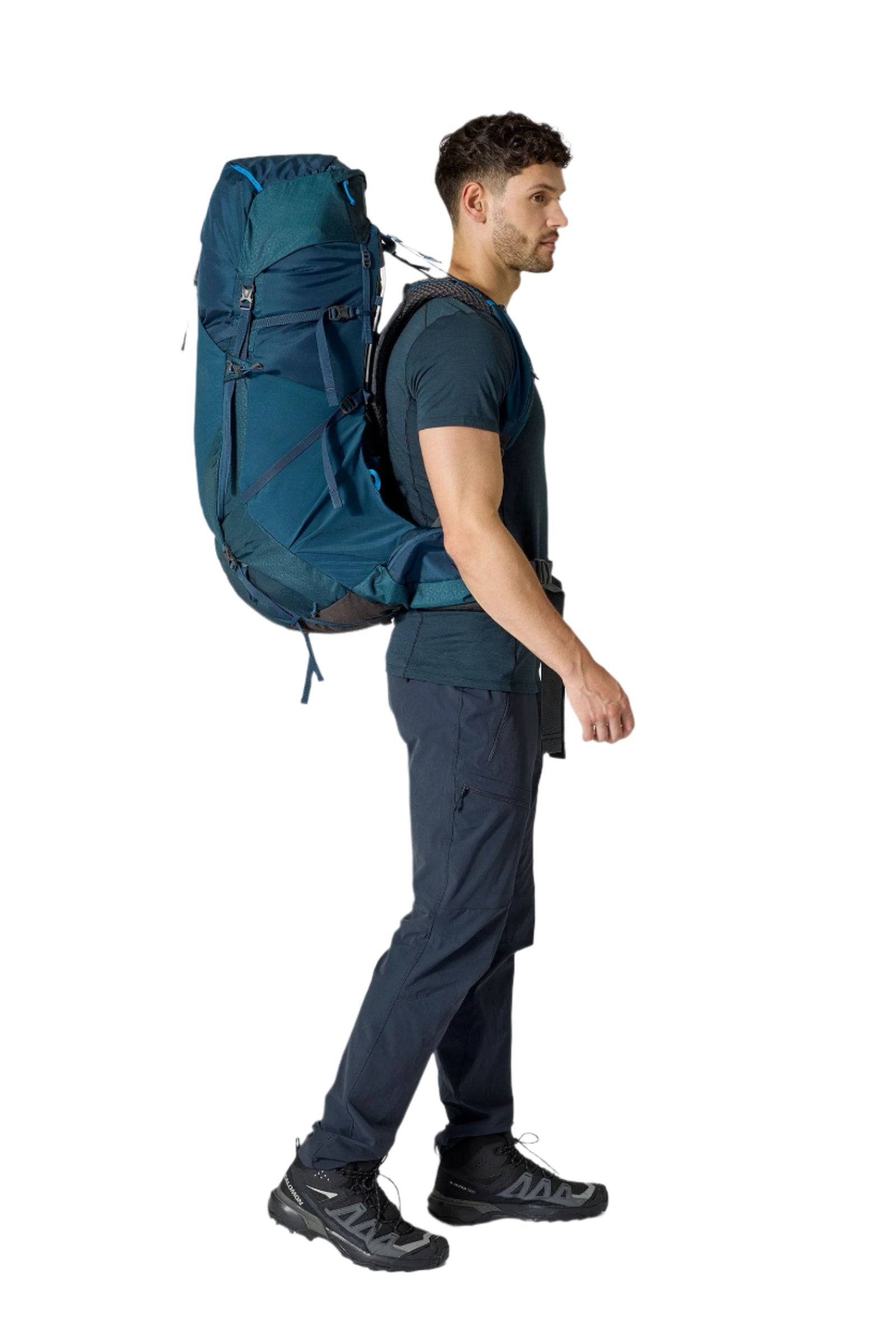 Rab Exion 65L Hiking Pack in Tempest Blue - On Model Full Length Side