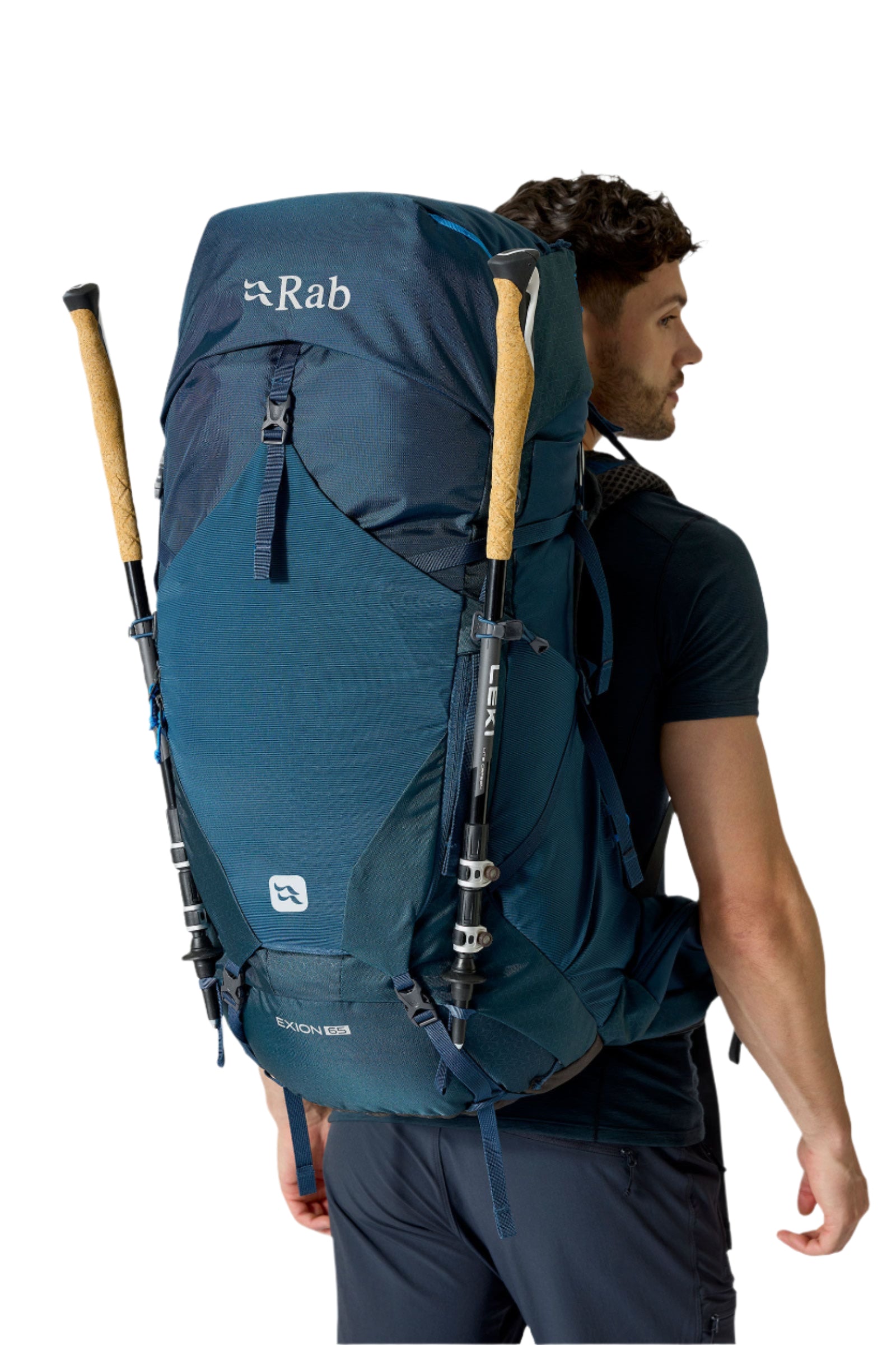 Rab Exion 65L Hiking Pack in Tempest Blue - On Model Pole Carry