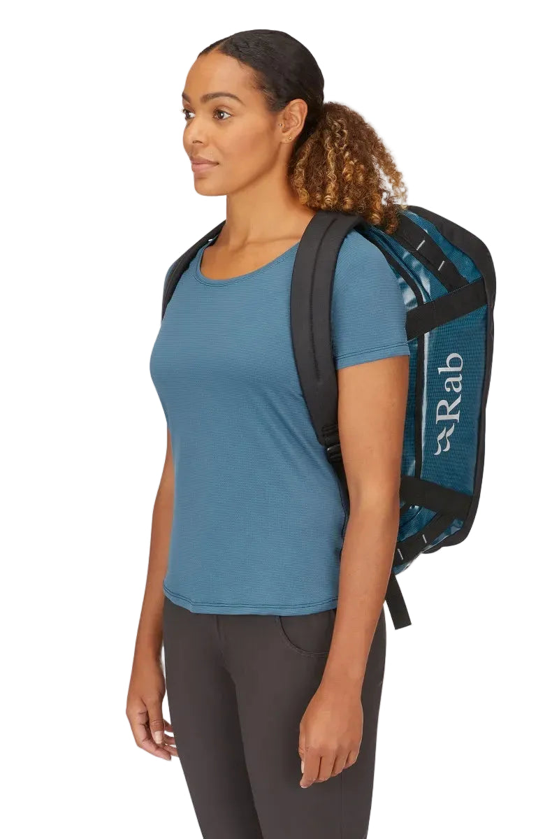 Rab Expedition II 30L Kitbag in Blue - Model Wearing as Backpack Front View