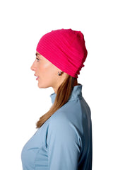 Rab Filament Beanie worn by woman, side view, styling reference