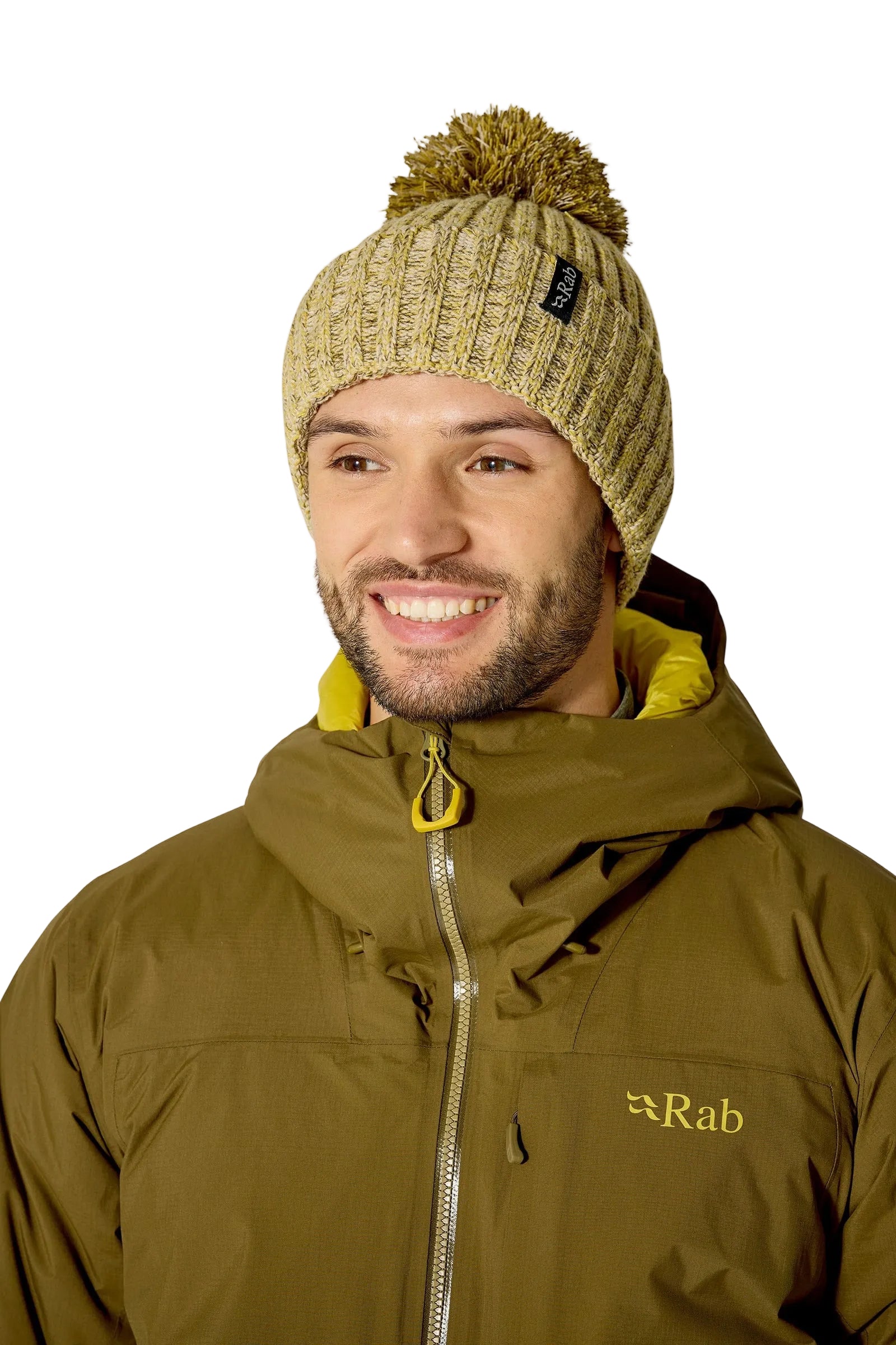 Rab Kharve Bobble Beanie in Dark Pollen/Pebble - worn, front