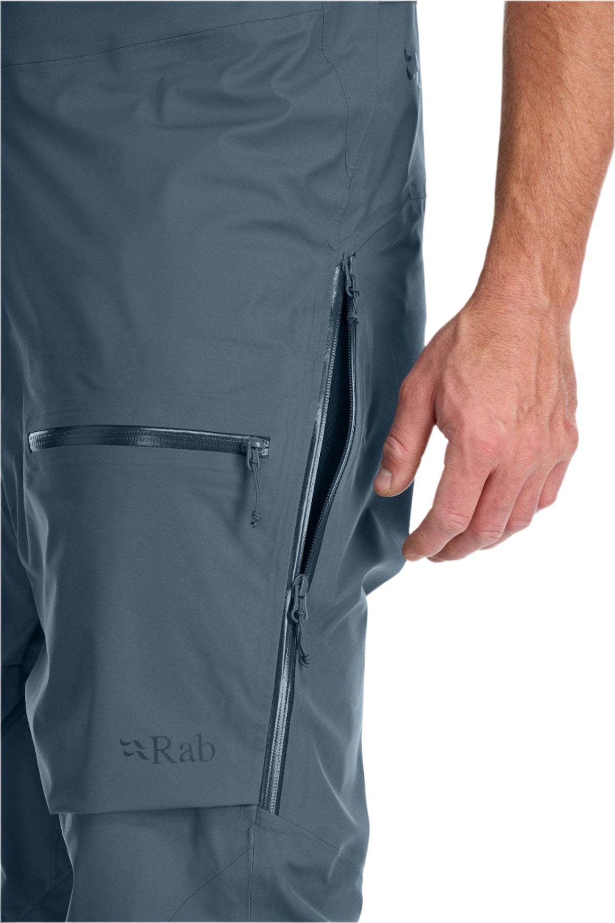 Rab Men's Khroma Kinetic Waterproof Bib Pants in Orion Blue - thigh pocket detail