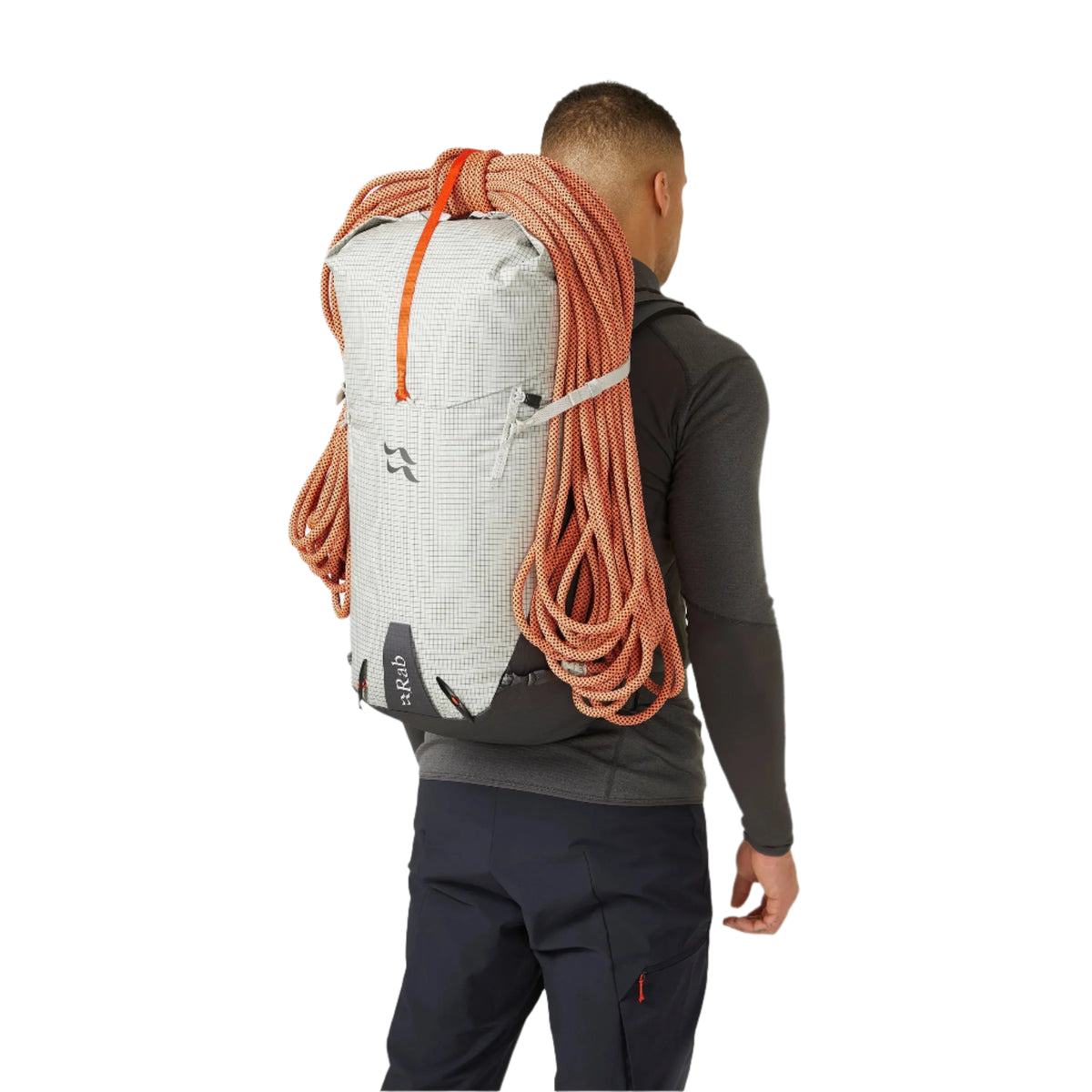 Rab Latok 38L Mountain Pack in Pewter - Model Rear View with Rope