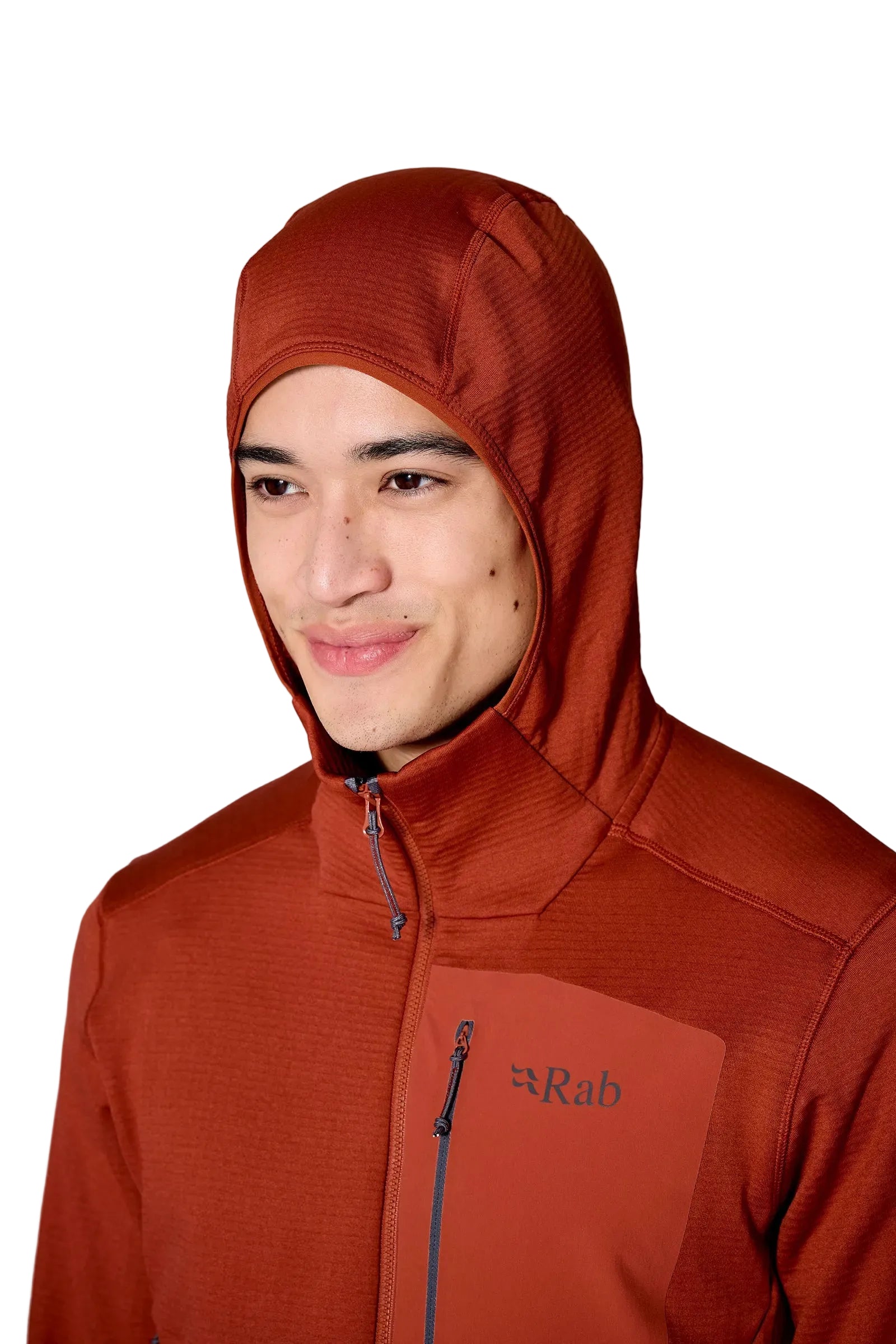Rab Men's Ascendor Hoody in Tuscan Red - hood detail, worn
