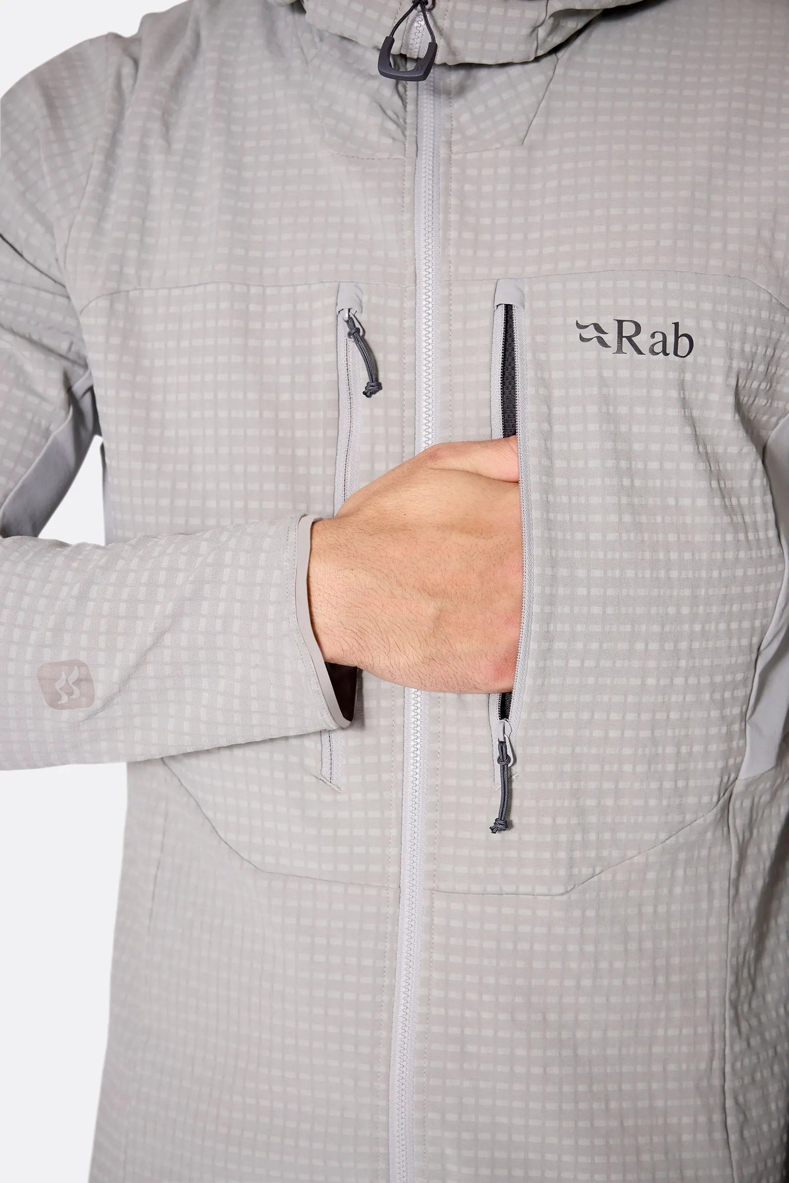 Rab Men's Ascendor Pro Hoody in Black - chest pocket detail, worn