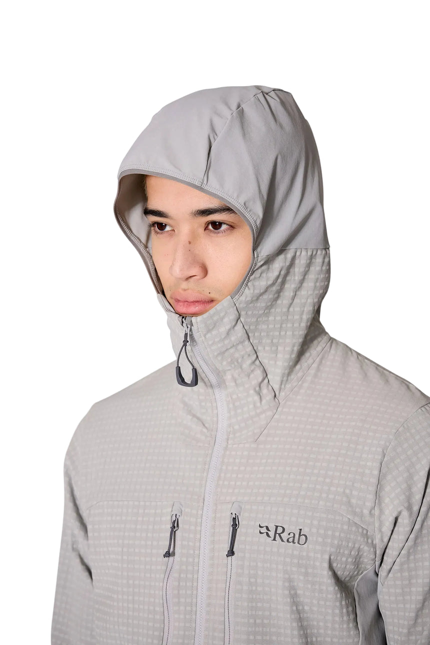 Rab Men's Ascendor Pro Hoody in Black - hood detail, worn