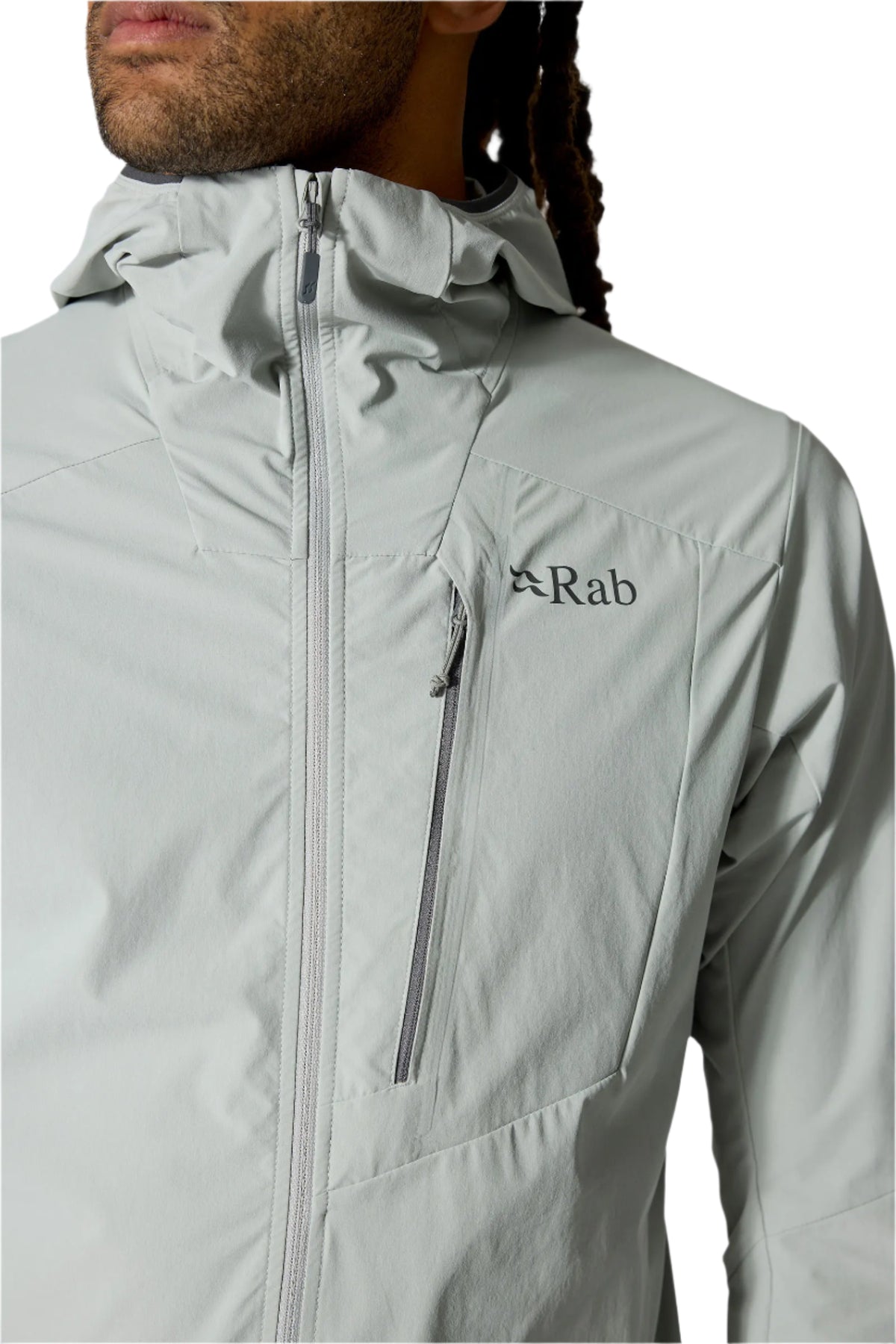 Rab Men's Borealis Alpine Hooded Jacket in Light Zinc - collar detail
