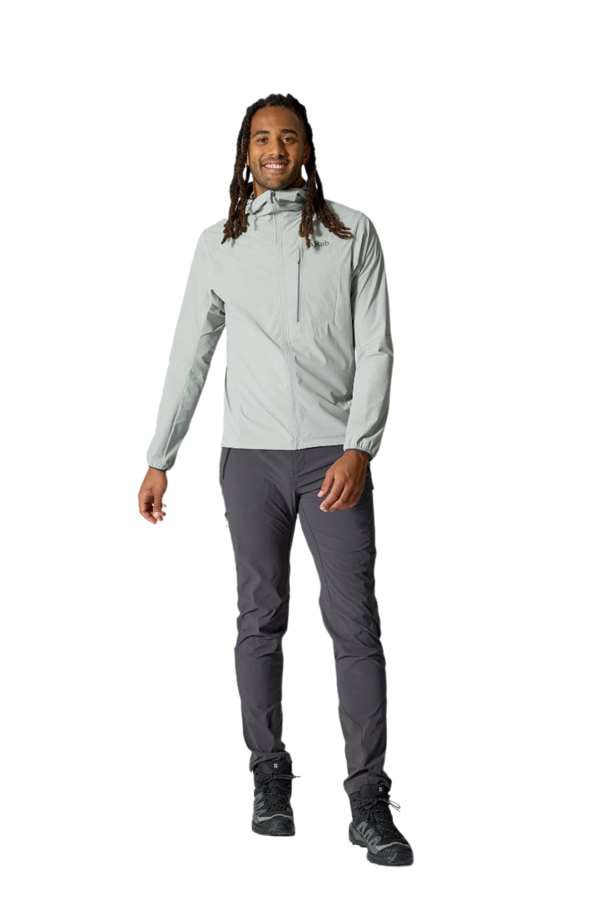 Rab Men's Borealis Alpine Hooded Jacket in Light Zinc - front, worn