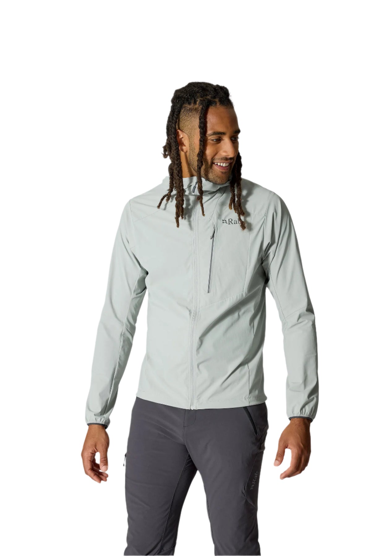 Rab Men's Borealis Alpine Hooded Jacket in Light Zinc - front, worn