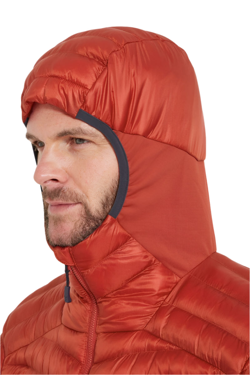 Rab Men's Cirrus Flex Insulated Hooded Jacket in Tuscan Red - hood detail worn