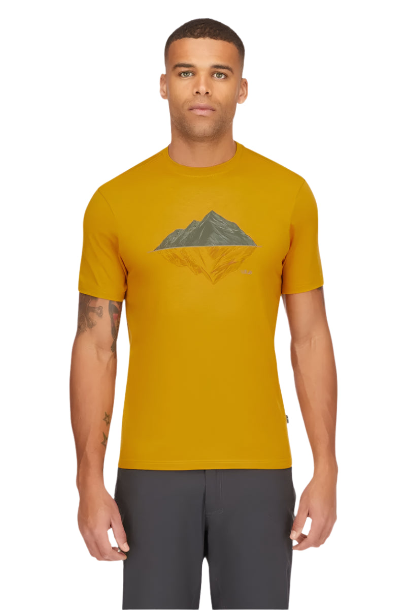 Rab Men's Crimp Reflection Tee in Sahara - worn, front crop