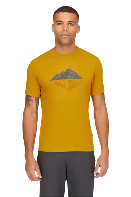 Rab Men's Crimp Reflection Tee in Sahara - worn, front crop