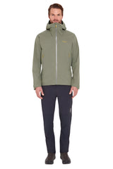 Rab Men's Downpour Light Waterproof Jacket in Light Khaki - worn, full length (reference only, not a stocked colour)