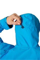 Rab Men's Downpour Waterproof Jacket in Maya Blue - hood adjustment detail, worn