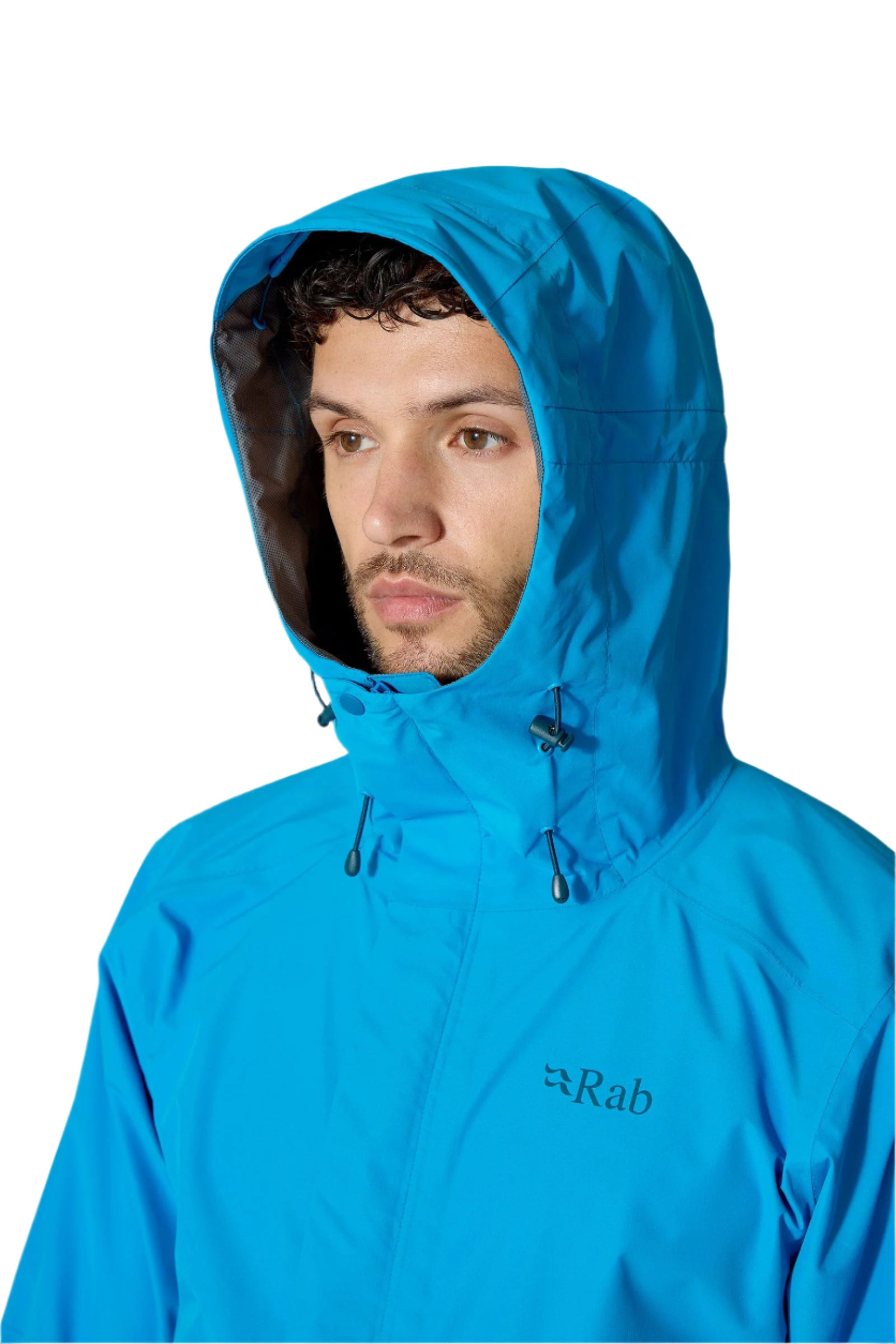 Rab Men's Downpour Waterproof Jacket in Maya Blue - hood detail, worn