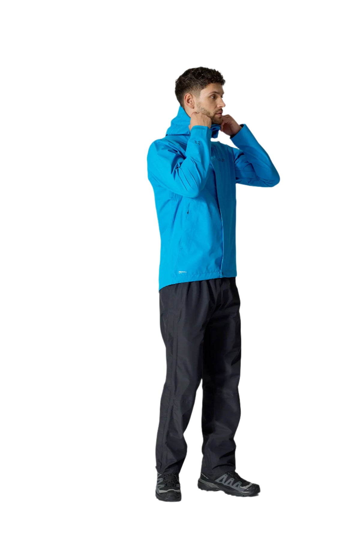 Rab Men's Downpour Waterproof Pants in Black - worn, front, with jacket