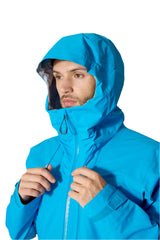 Rab Men's Firewall Mountain Waterproof Jacket in Maya Blue - hood detail, worn
