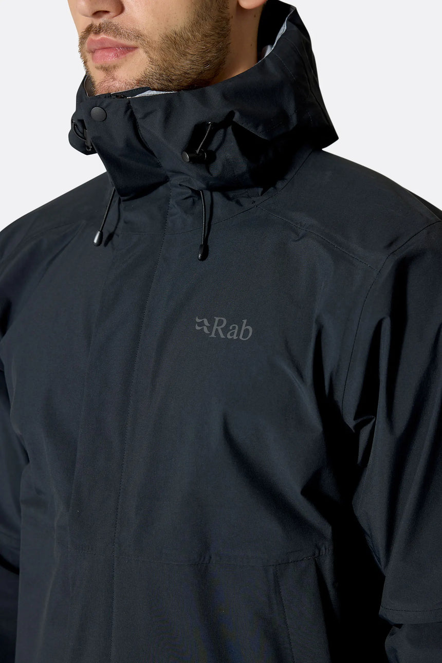 Rab Men's Firewall Waterproof Jacket in Black - collar detail on model