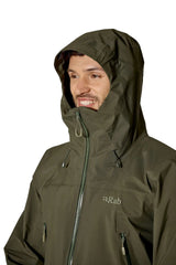 Rab Men's Kangri GORE-TEX Jacket in Army - Hood Close-Up Worn