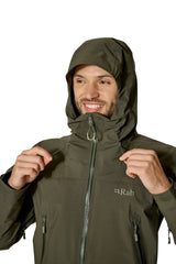 Rab Men's Kangri GORE-TEX Jacket in Army - Hood Up Worn