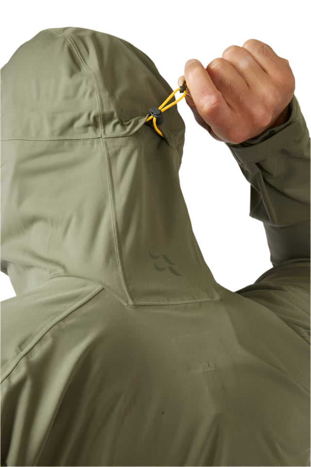 Rab Men's Kinetic 2.0 Waterproof Jacket in Green (styling reference) - hood drawcord detail, worn