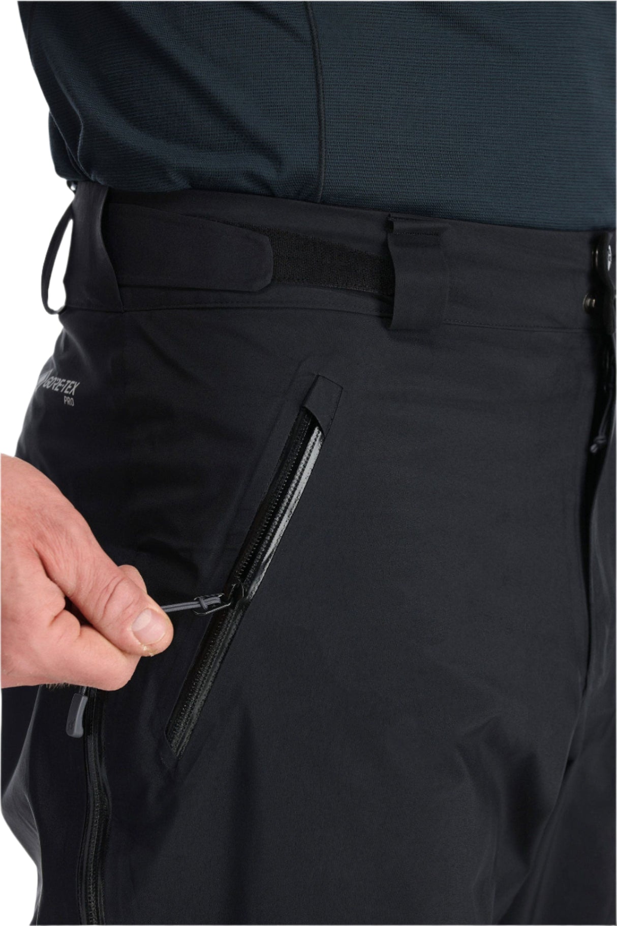 Rab Men's Latok GORE-TEX Pro Pants in Black - pocket detail, worn