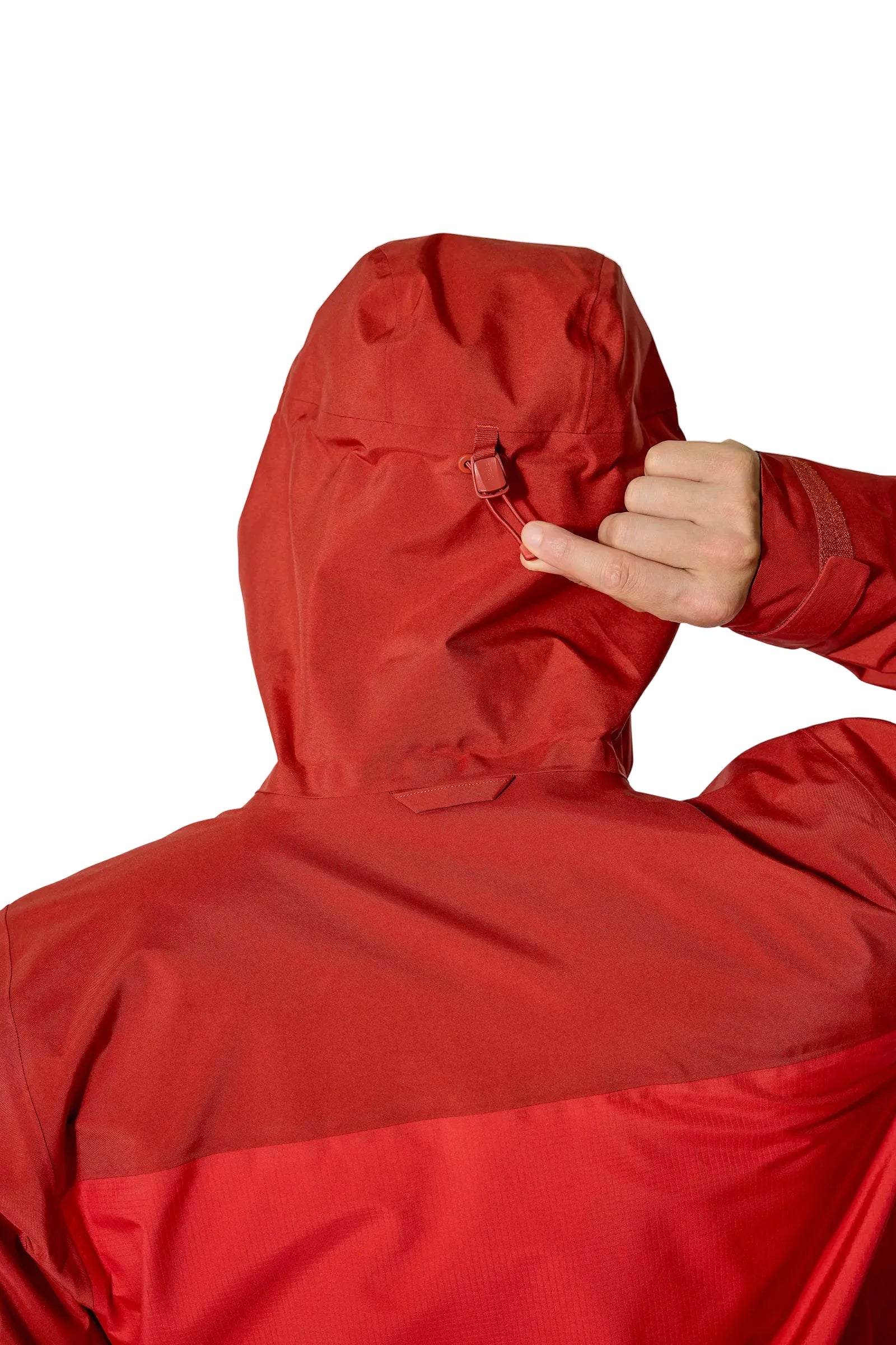 Rab Men's Latok Mountain GORE-TEX Pro Jacket in Tuscan Red/Dark Horizon (styling reference) - hood adjustment detail, worn, back