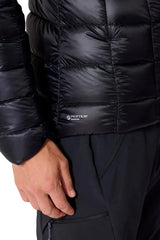 Rab Men's Mythic Alpine Down Jacket in Black - worn, front, torso detail