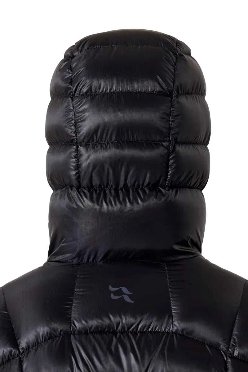 Rab Men's Mythic Alpine Down Jacket in Black - worn, hood up, back, detail