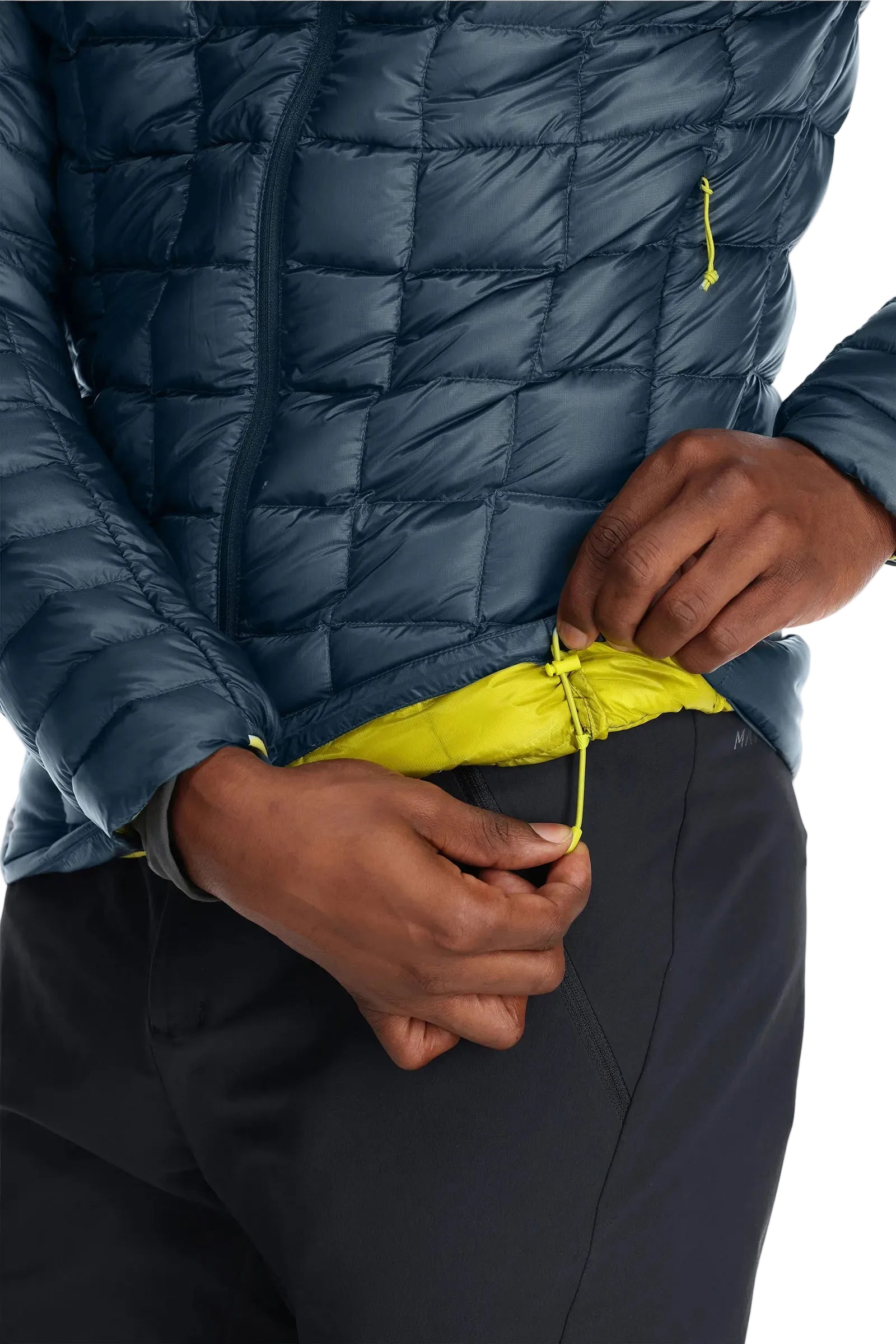 Rab Men's Mythic Alpine Light Down Jacket in Orion Blue (styling reference) - detail, hand pocket