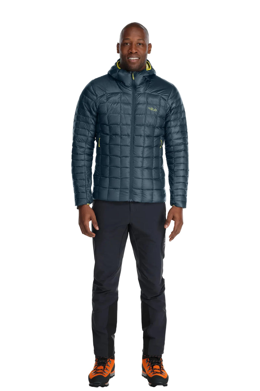 Rab Men's Mythic Alpine Light Down Jacket in Orion Blue (styling reference) - worn, front, full body