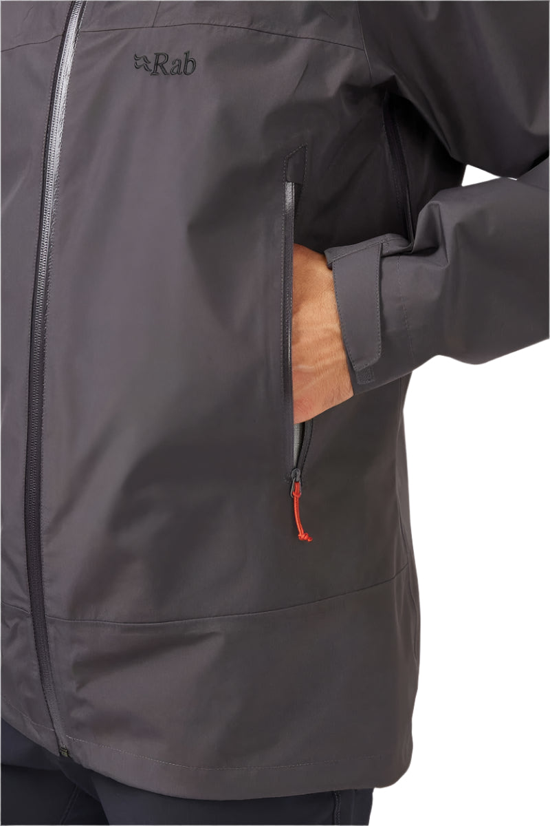Rab Men's Namche GORE-TEX Jacket in Graphene - hand pocket detail, worn (reference only, not a stocked colour)