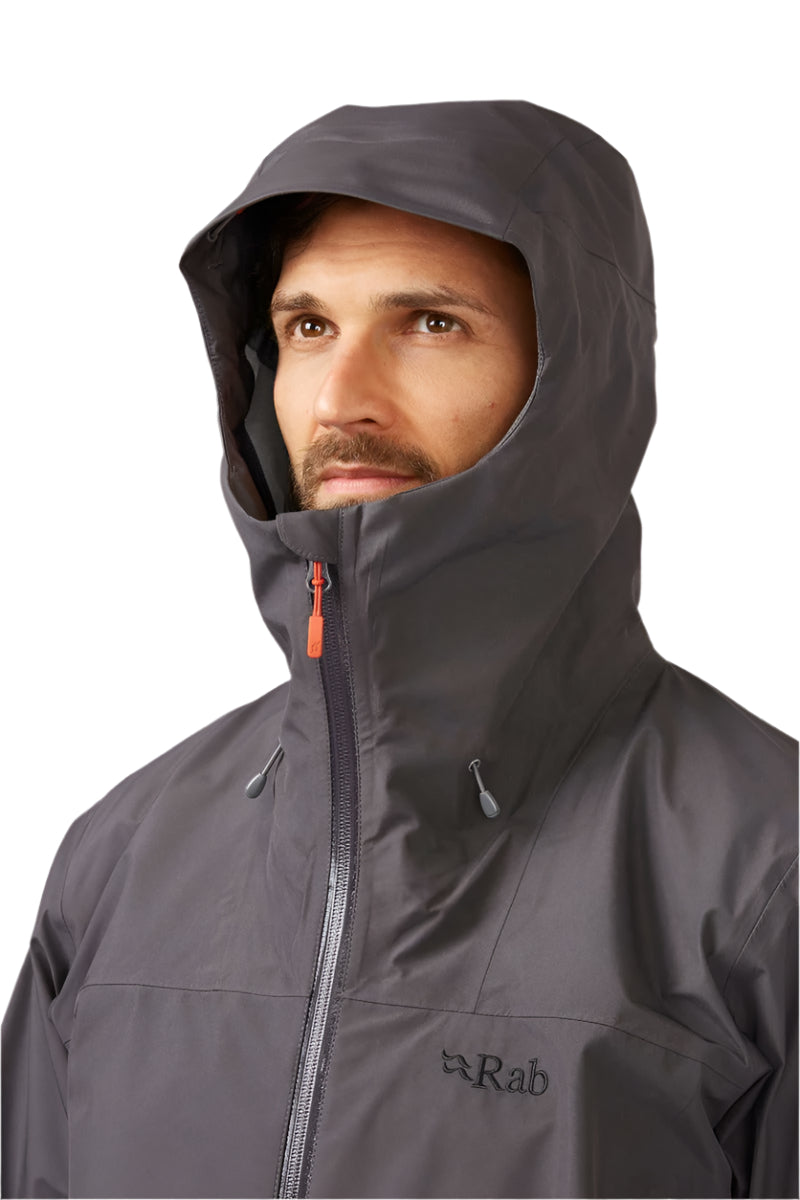 Rab Men's Namche GORE-TEX Jacket in Graphene - hood detail, worn (reference only, not a stocked colour)