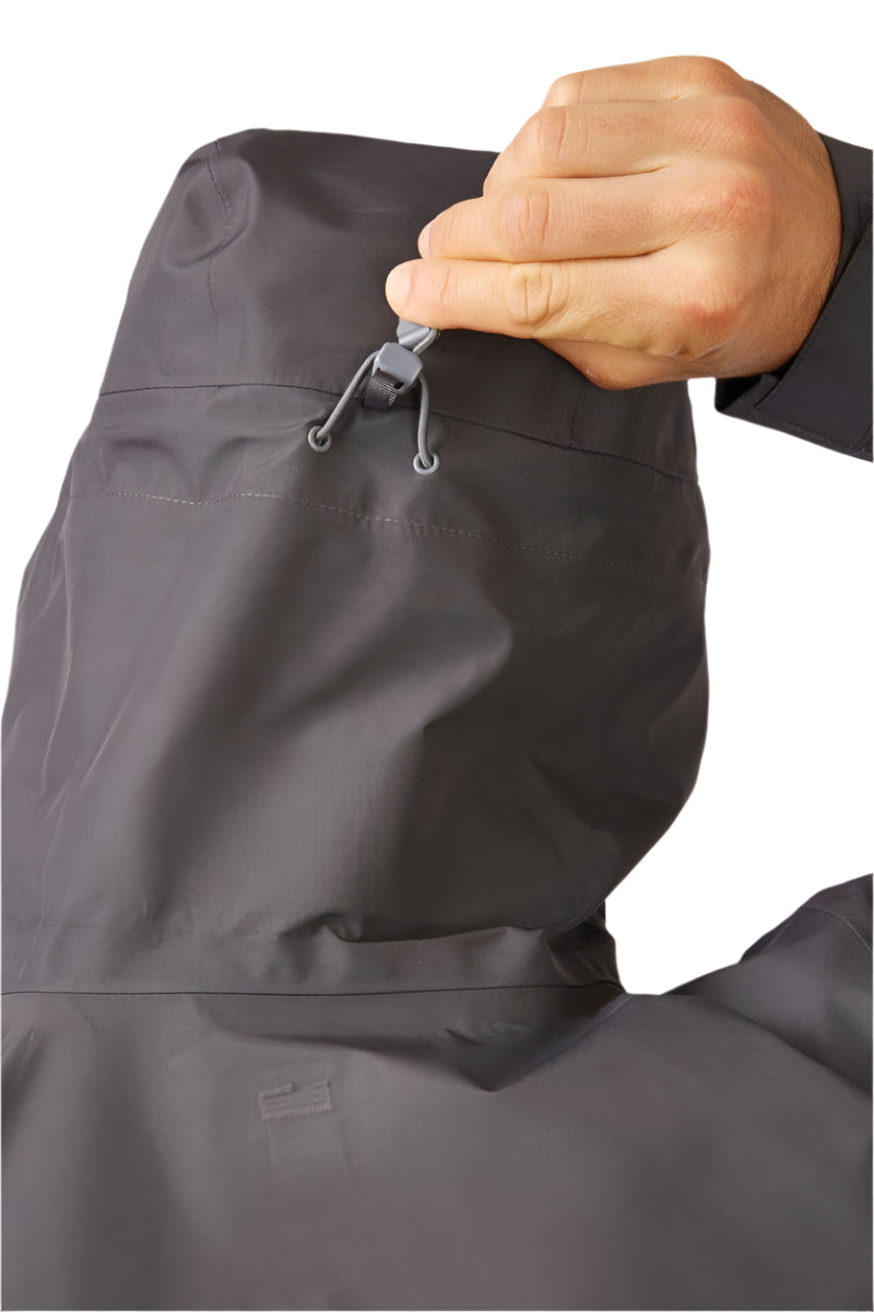 Rab Men's Namche GORE-TEX Jacket in Graphene - hood zip detail, worn (reference only, not a stocked colour)