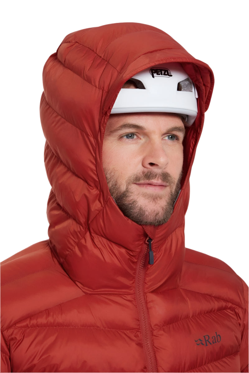 Rab Men's Nebitron Pro Insulated Jacket in Tuscan Red - hood, worn