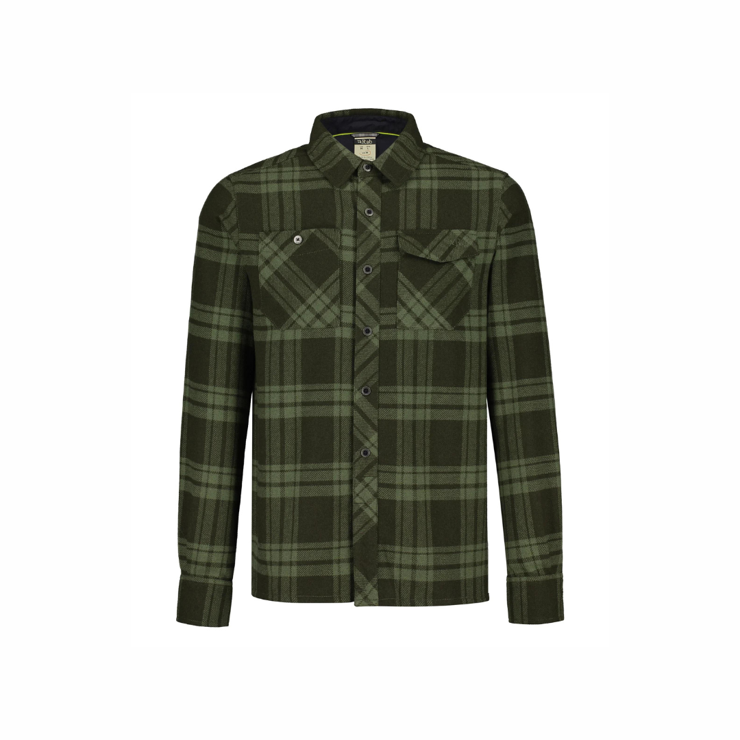 Rab Men's Perimeter LS Shirt in Chlorite Green - ghost form, front, buttoned