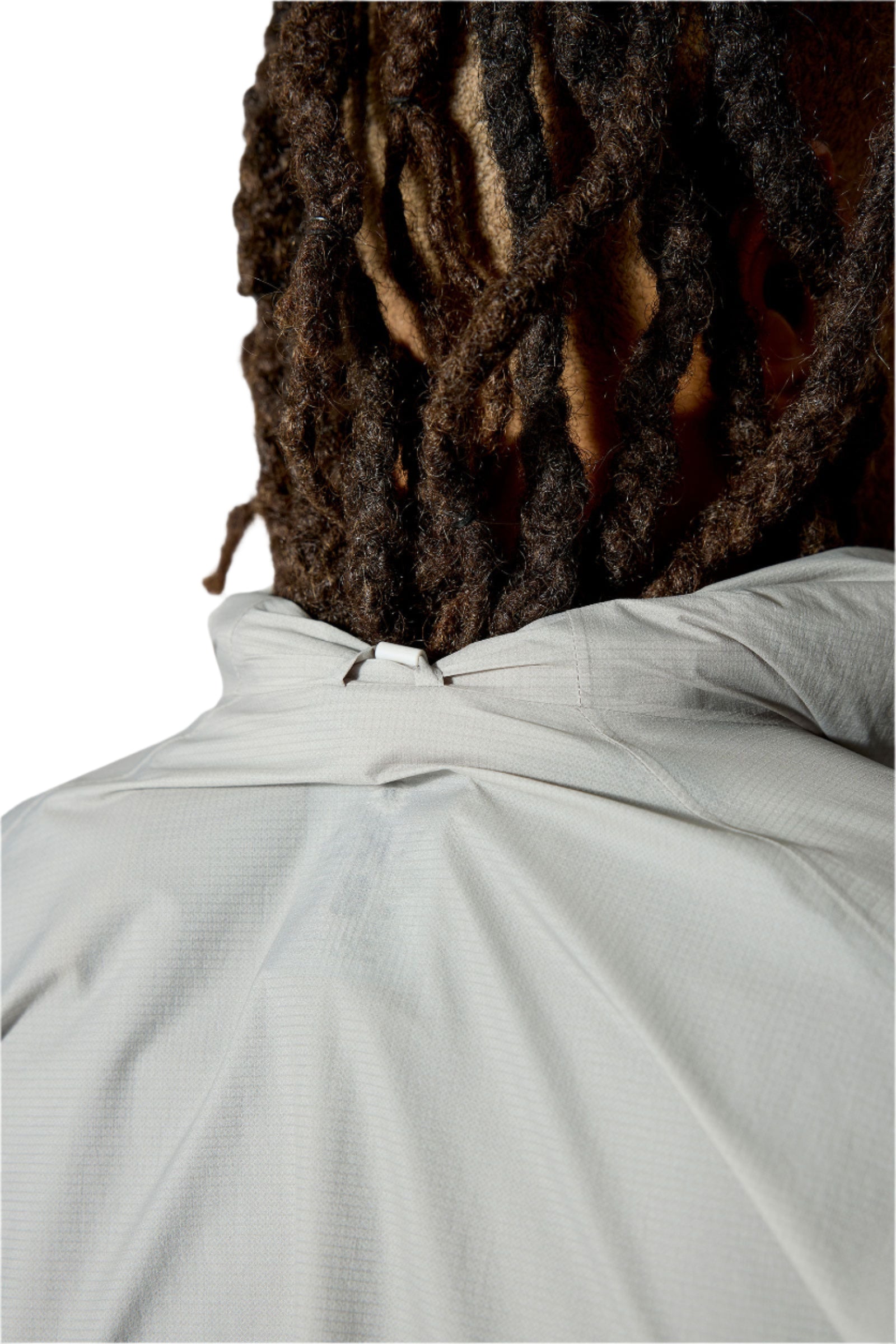 Rab Men's Phantom Waterproof Jacket in Light Zinc - hood detail, back