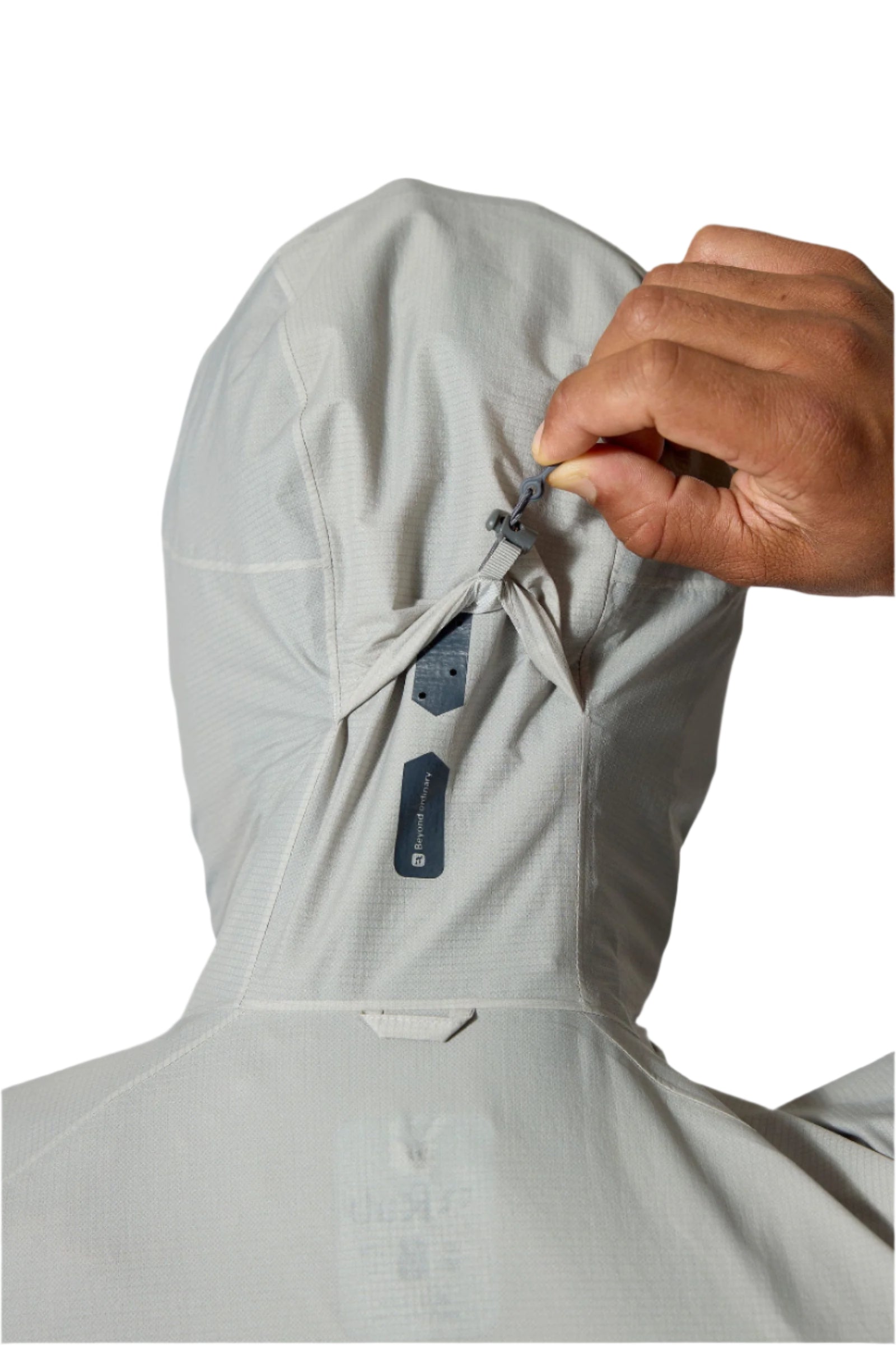 Rab Men's Phantom Waterproof Jacket in Light Zinc - hood drawcord detail