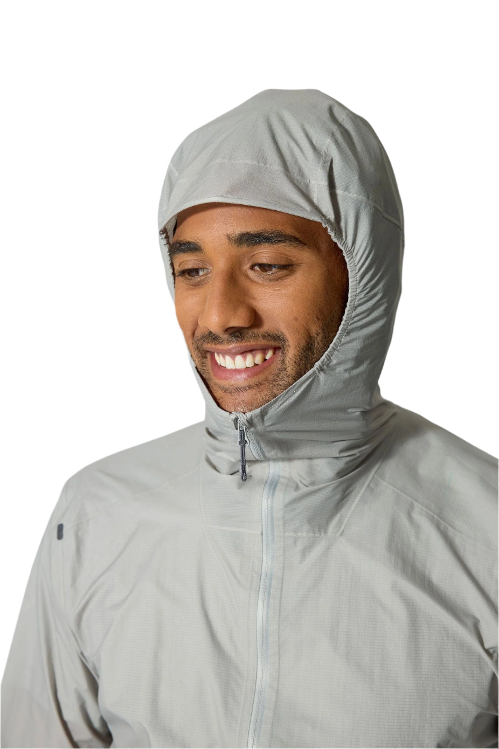 Rab Men's Phantom Waterproof Jacket in Light Zinc - hood up, worn