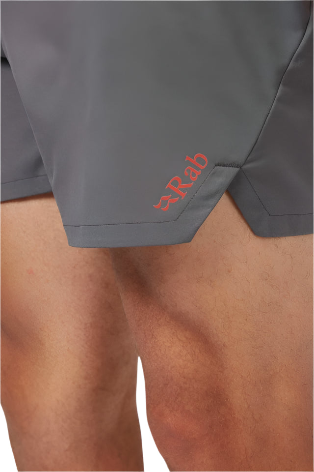 Rab Men's Talus Active Shorts in Graphene (styling reference) - hem and side vent detail