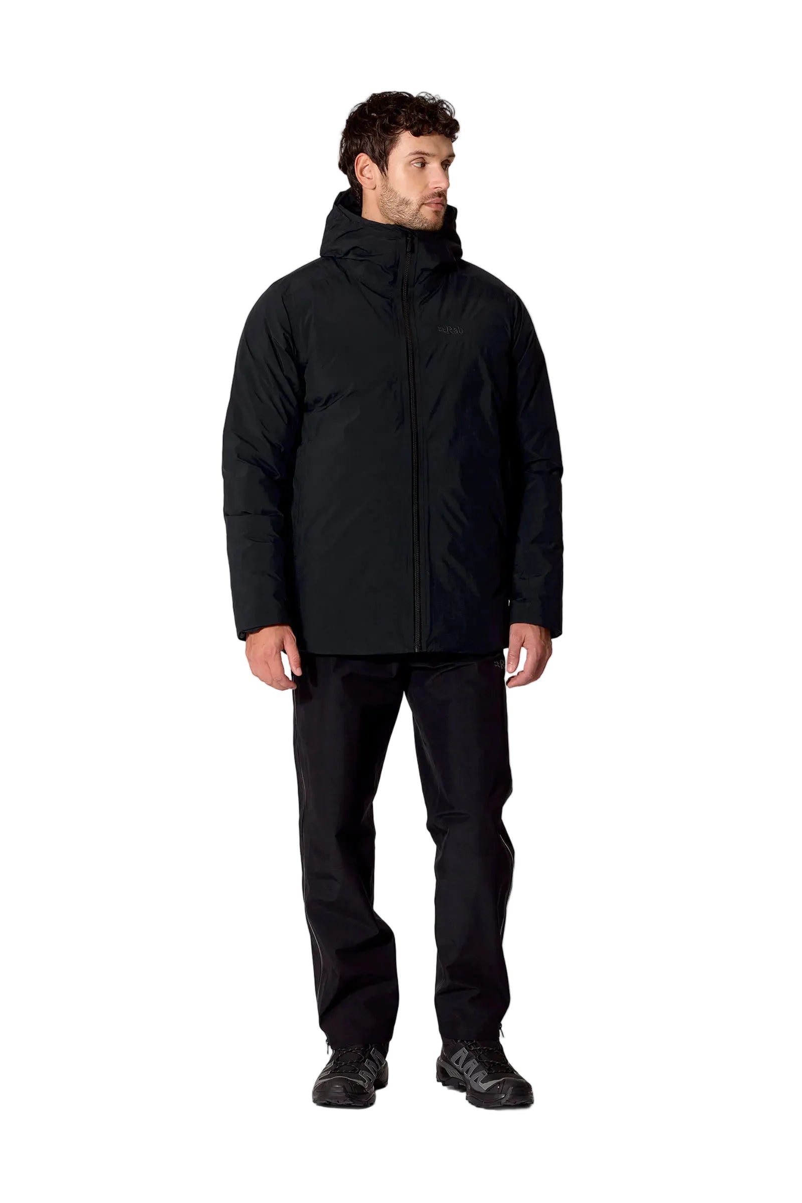 Rab Men's Valiance Waterproof Down Jacket in Black - worn, front, full body