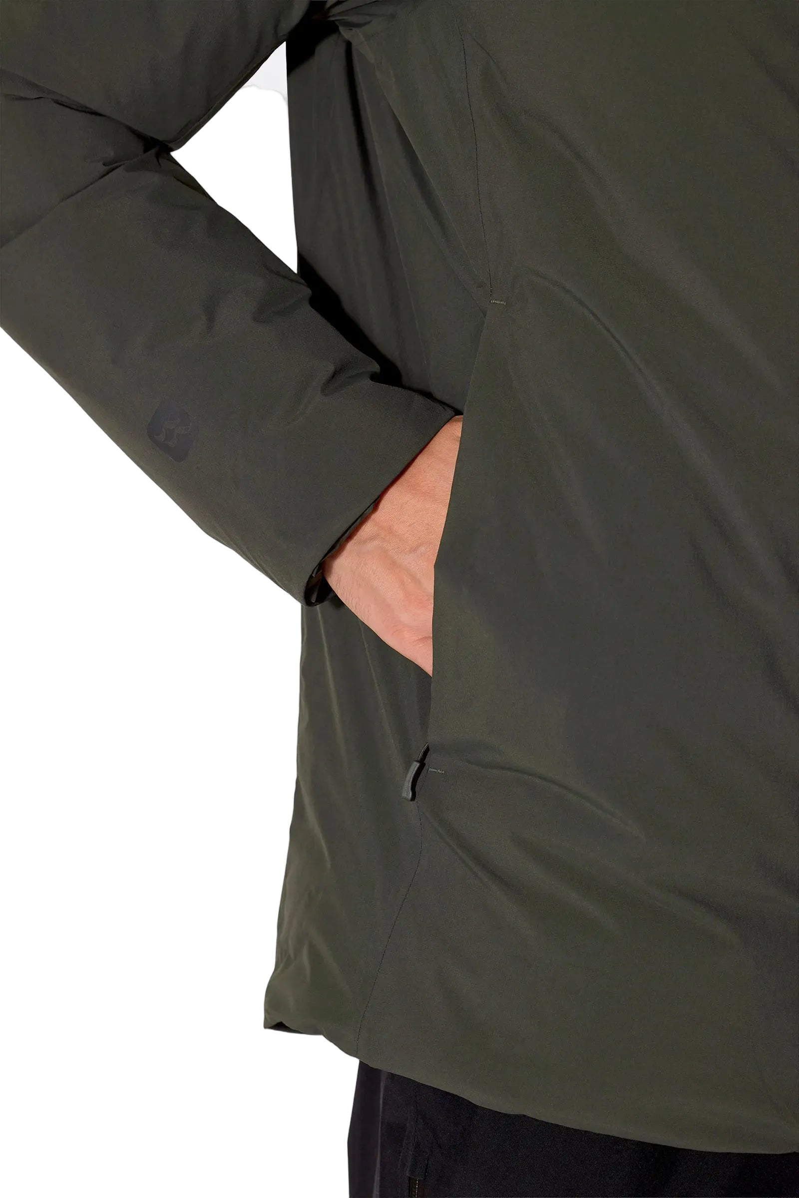 Rab Men's Valiance Waterproof Down Jacket in Dark Army (styling reference) - hip pocket detail