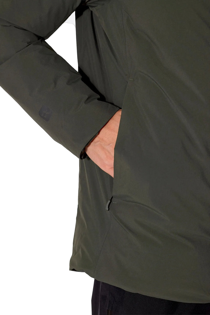 Rab Men's Valiance Waterproof Down Jacket in Dark Army (styling reference) - hip pocket detail