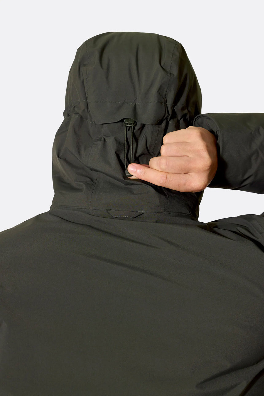 Rab Men's Valiance Waterproof Down Jacket in Dark Army (styling reference) - hood drawcord detail