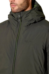 Rab Men's Valiance Waterproof Down Jacket in Dark Army (styling reference) - worn, hood up, front, close crop