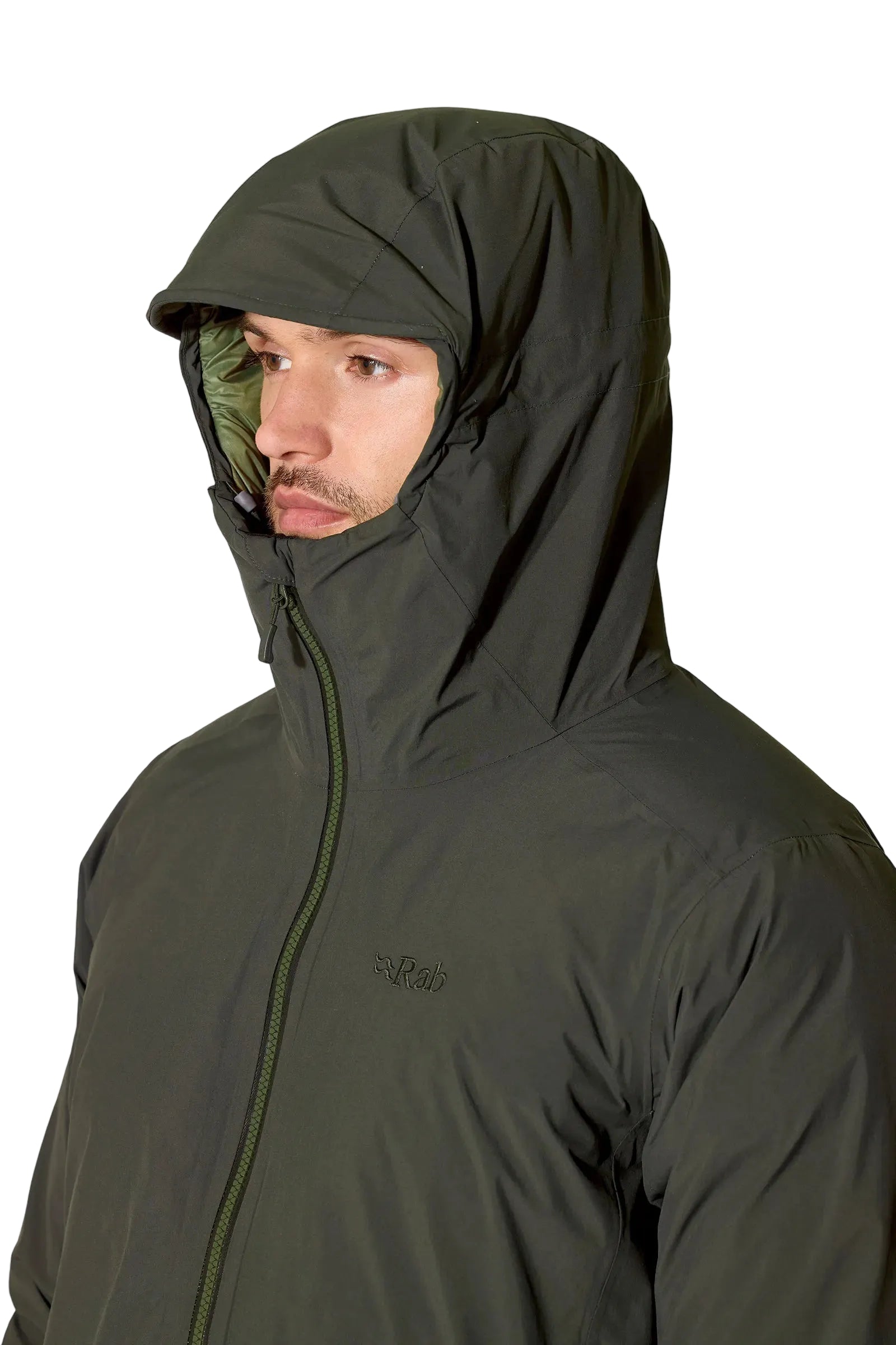 Rab Men's Valiance Waterproof Down Jacket in Dark Army (styling reference) - worn, hood up, front, face detail