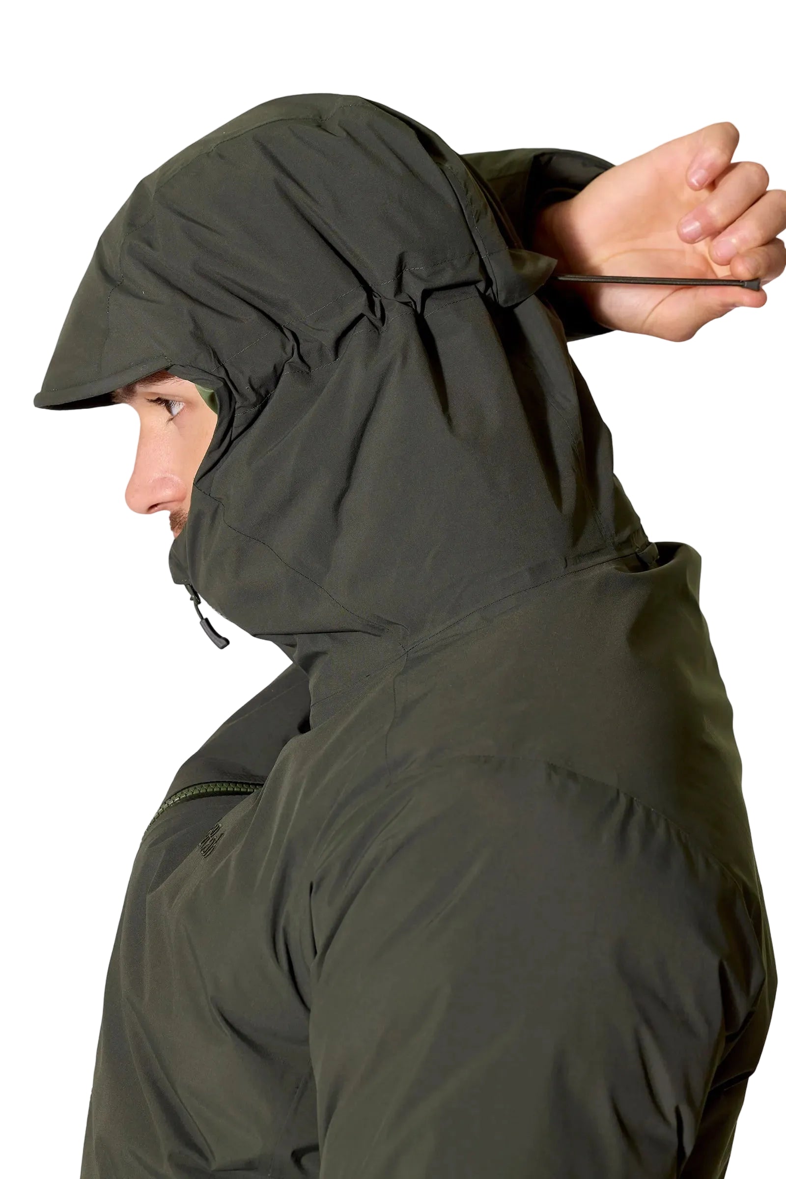 Rab Men's Valiance Waterproof Down Jacket in Dark Army (styling reference) - worn, hood up, side profile, hood drawcord detail