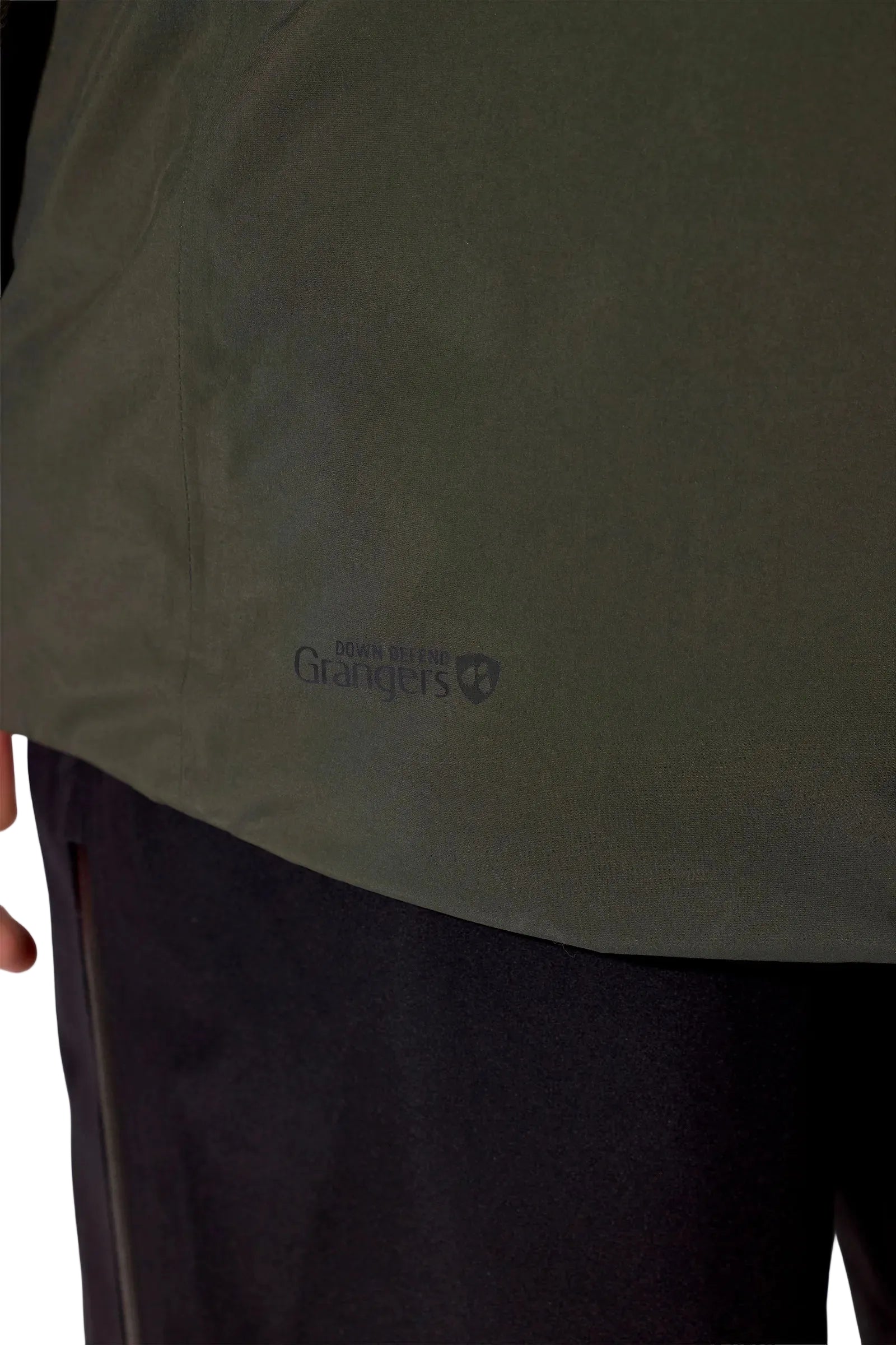 Rab Men's Valiance Waterproof Down Jacket in Dark Army (styling reference) - worn, side, torso detail
